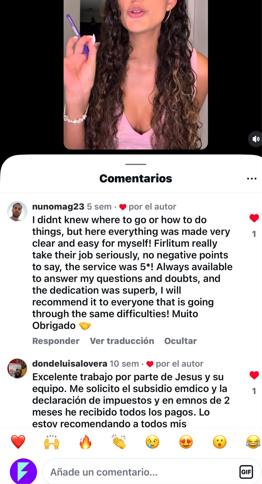 Captura real de reseña de un cliente de Firlitum en Instagram