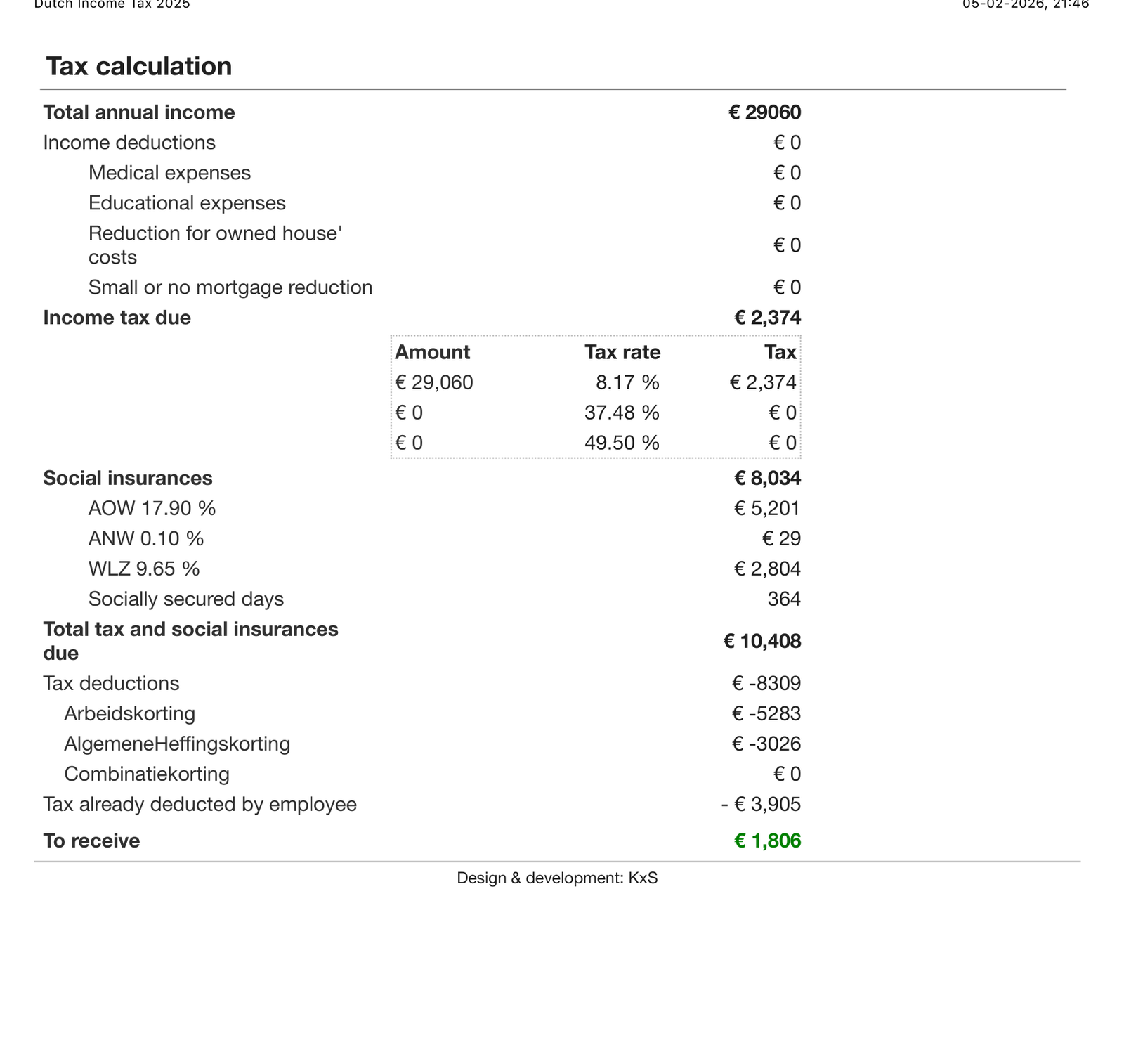 Cálculo real de declaración de la renta con resultado de 1.806€ a recibir